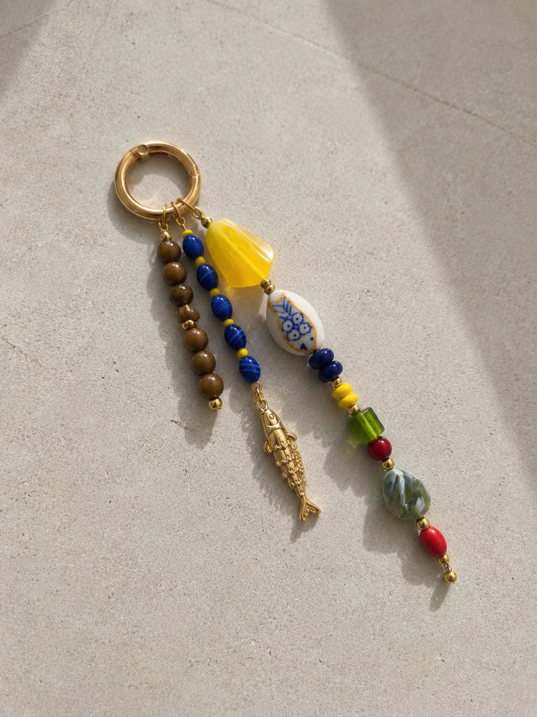 Multicolor Fish Charm Beaded Bag Keychain with Gold Ring