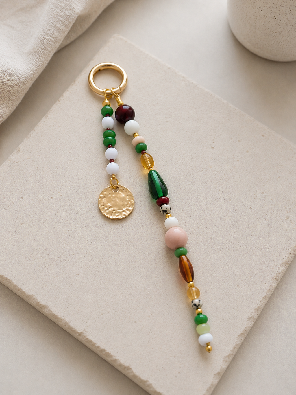 Green White Beaded Coin Charm Bag Keychain with Gold Ring