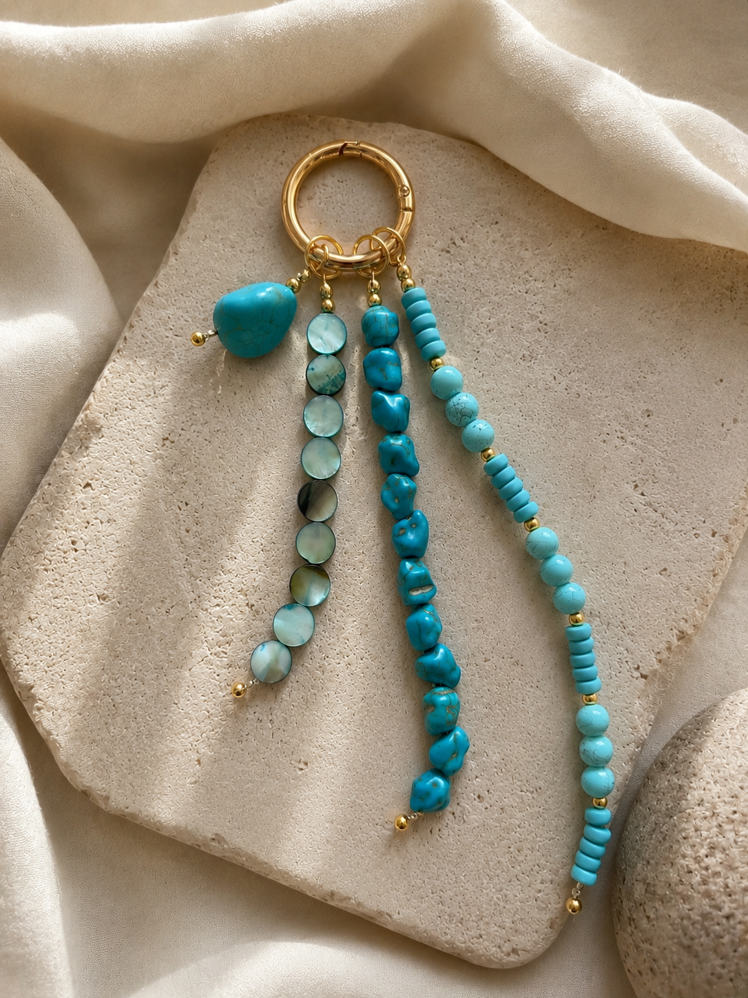 Turquoise Blue Four Strand Beaded Bag Keychain Gold Ring