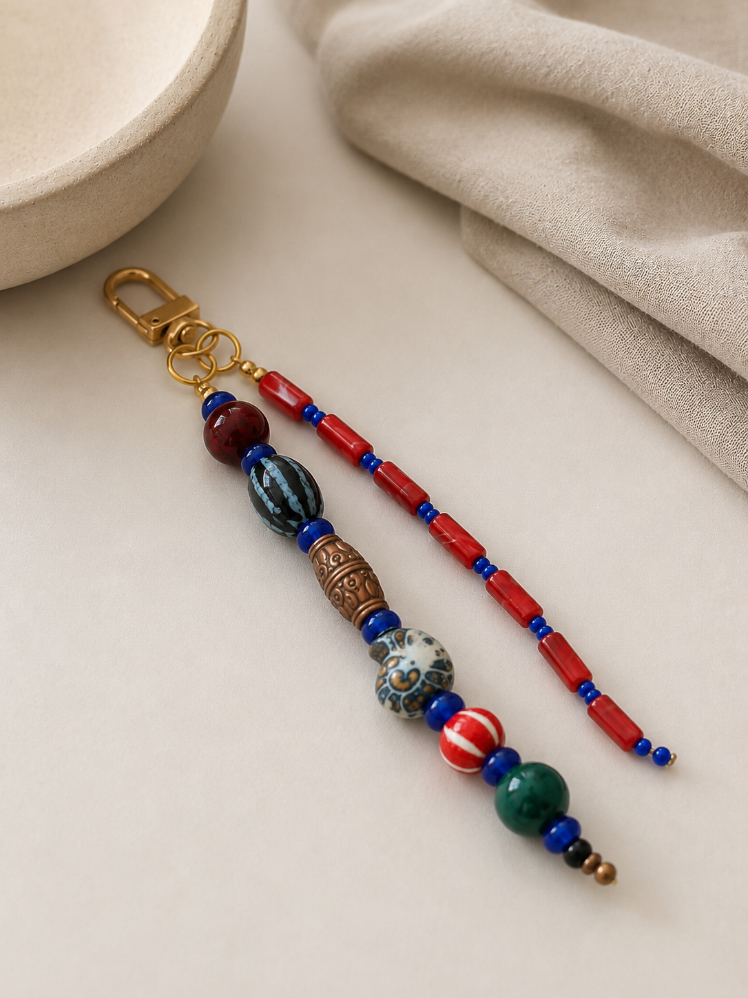 Red Blue Double Strand Beaded Bag Keychain with Gold Clip