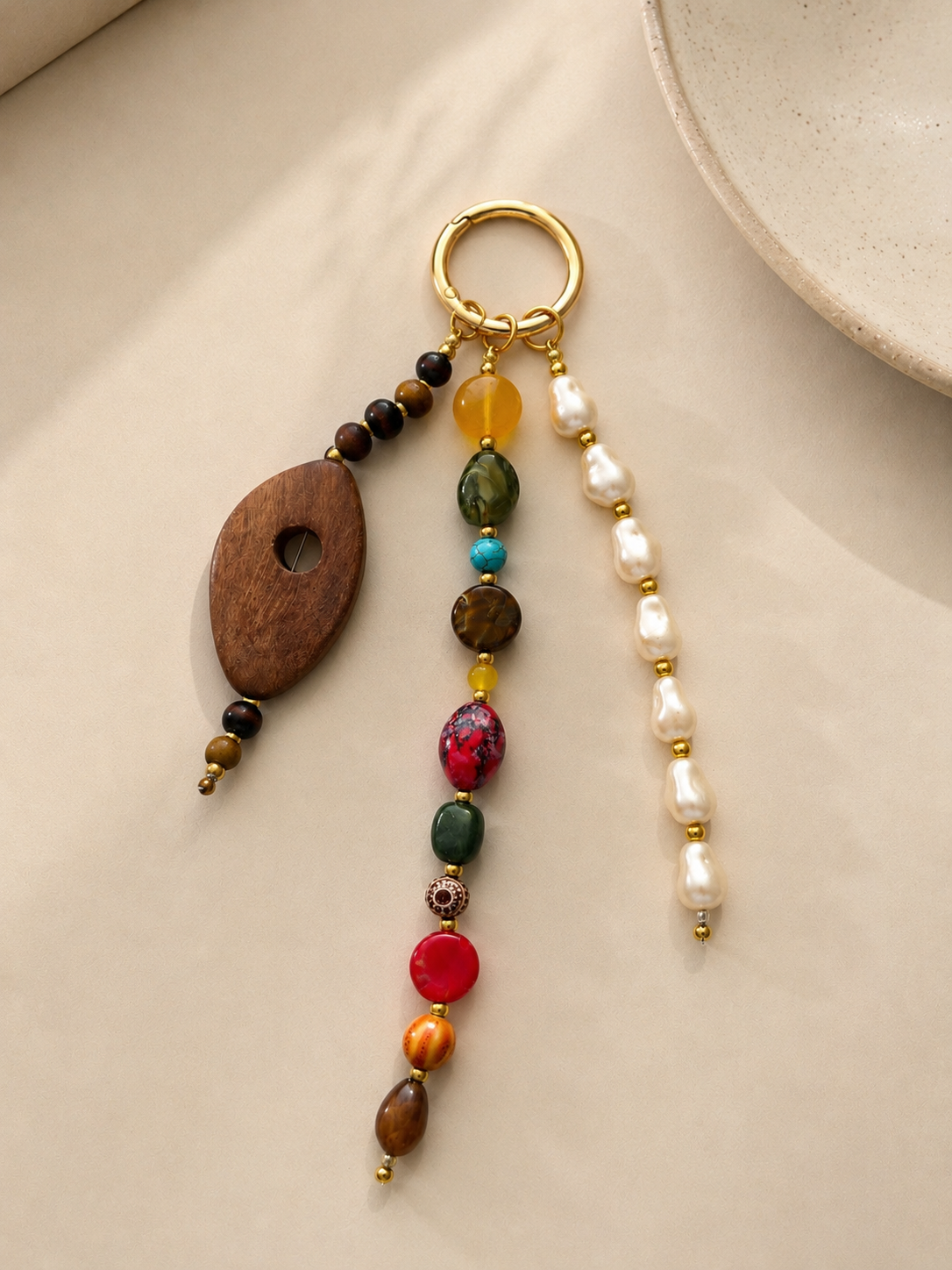 Multicolor Pearl Wood Beaded Bag Keychain with Gold Ring