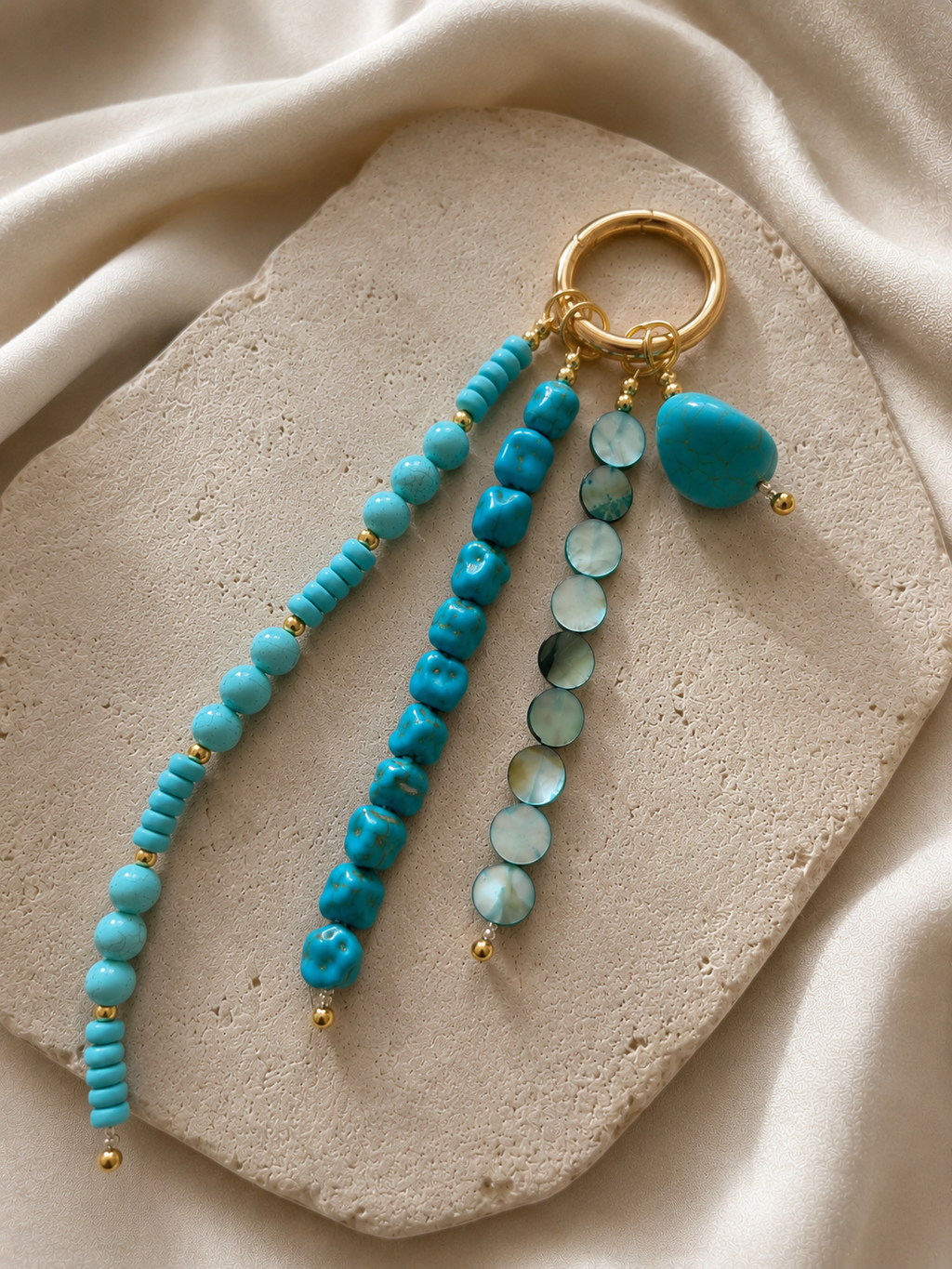 Turquoise Blue Four Strand Beaded Bag Keychain Gold Ring