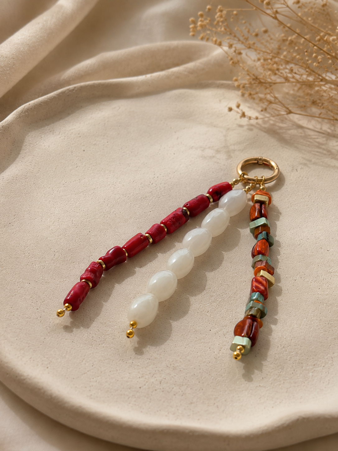 Red White Three Strand Beaded Bag Keychain with Gold Ring