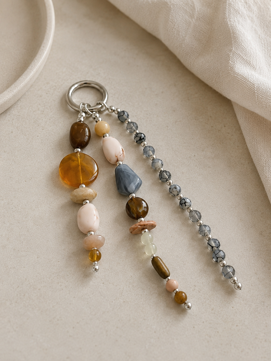 Amber Gray & Neutral Beaded Keychain Bag Charm