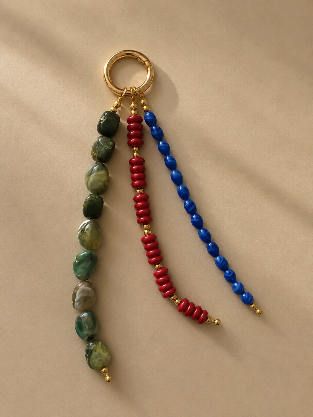 Green Red Blue Three Strand Beaded Bag Keychain Gold Ring