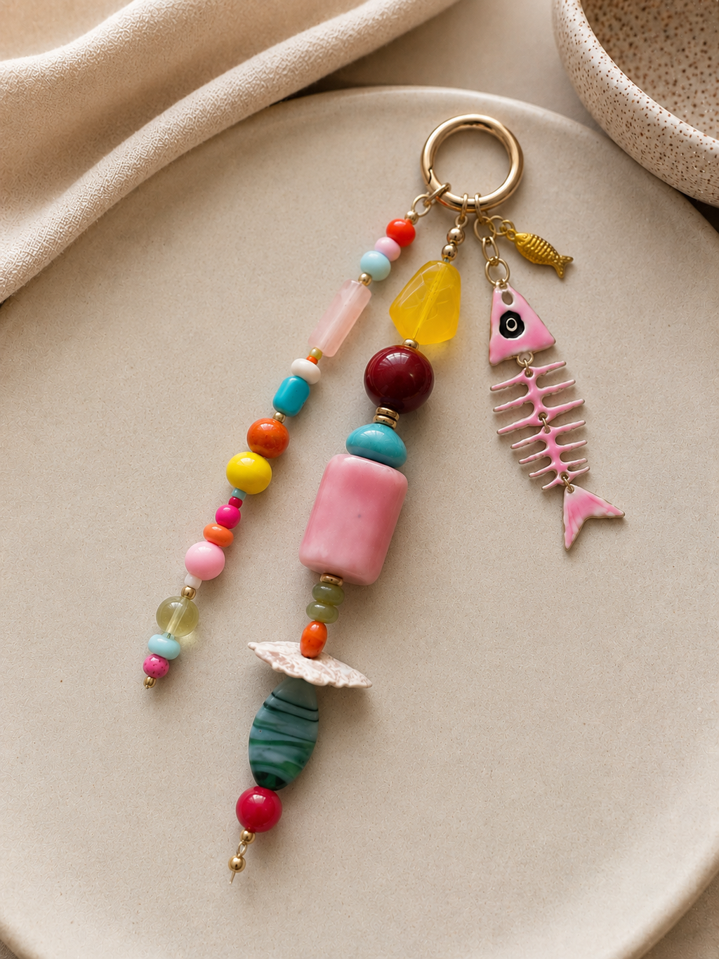 Pink Fish Skeleton Multicolor Beaded Bag Keychain Gold Ring