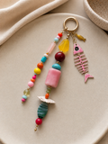 Pink Fish Skeleton Multicolor Beaded Bag Keychain Gold Ring