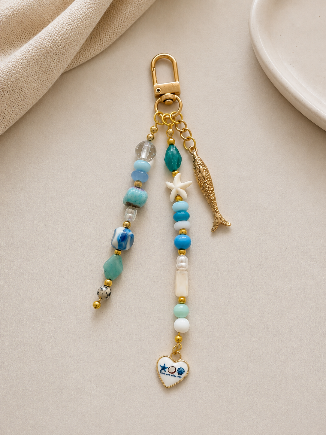 Blue Starfish Fish Charm Beaded Bag Keychain Gold Clip
