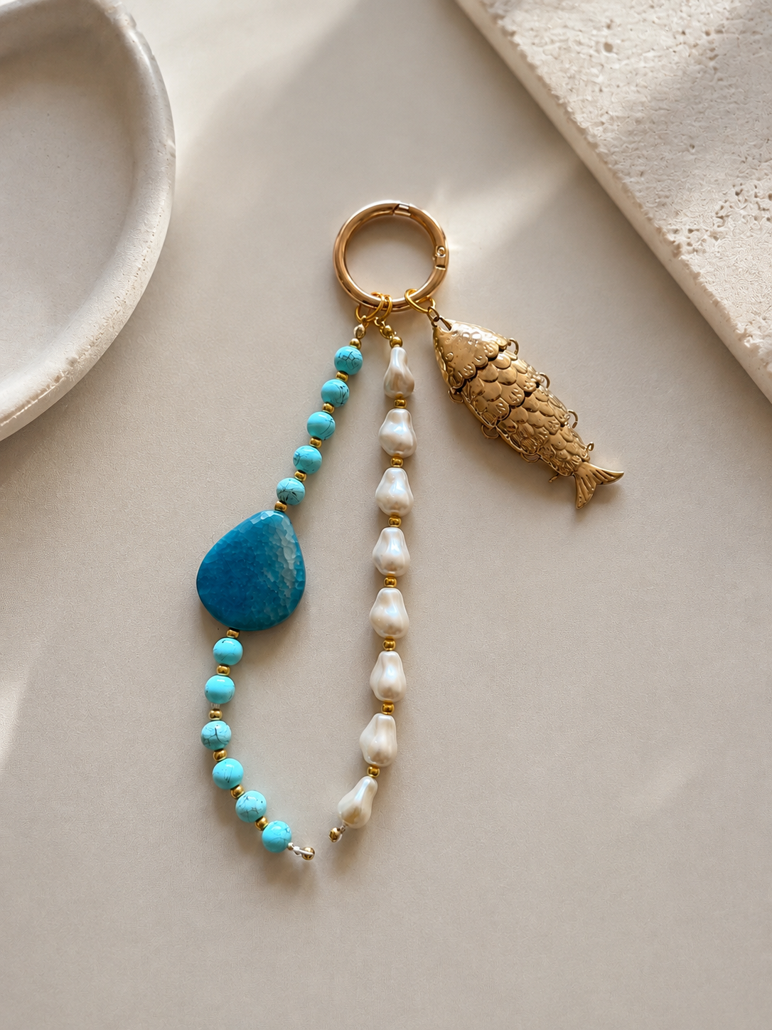 Turquoise Pearl Fish Charm Beaded Bag Keychain Gold Ring
