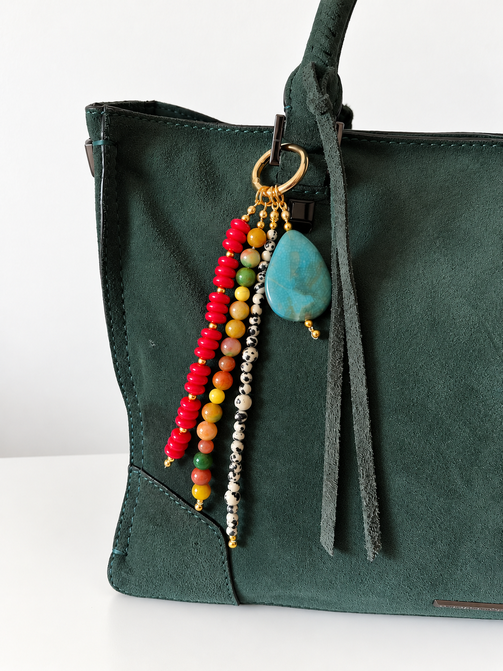 Teal, Red & Multicolor Beaded Bag Charm Keychain