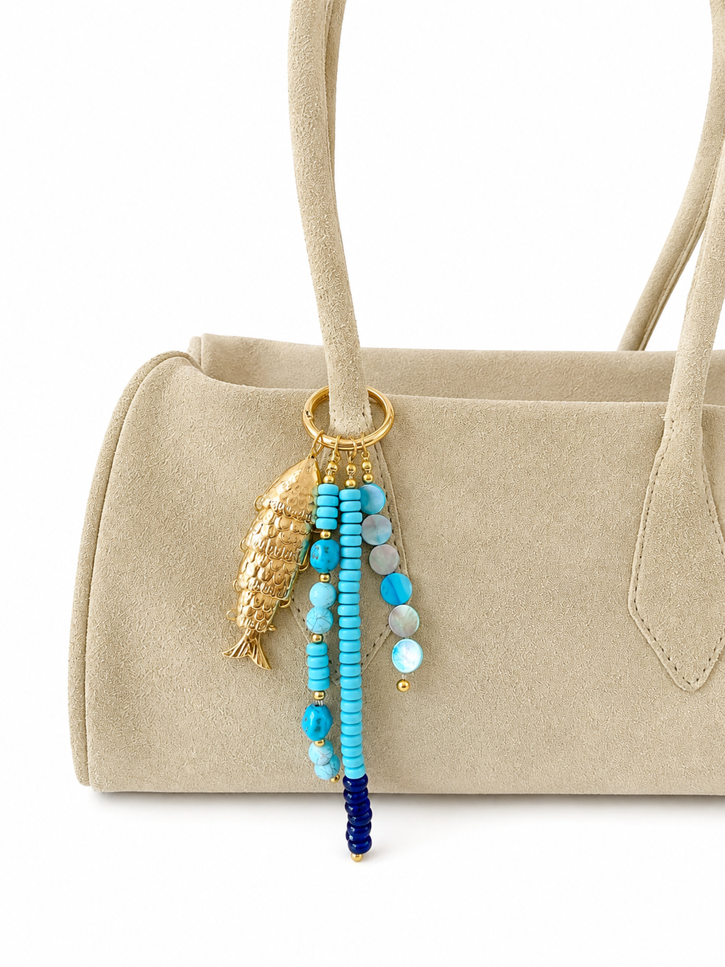 Blue Turquoise Fish Charm Beaded Bag Keychain Gold Ring