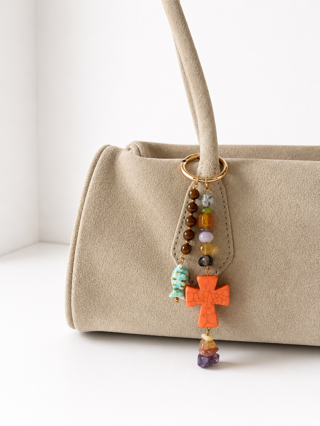 Orange Cross Fish Charm Beaded Bag Keychain with Gold Ring