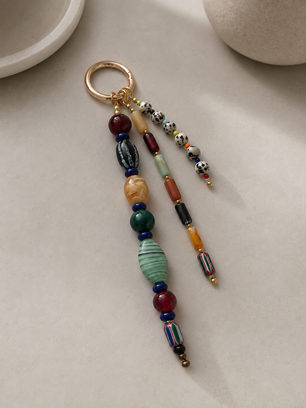 Multicolor Three Strand Beaded Bag Keychain with Gold Ring
