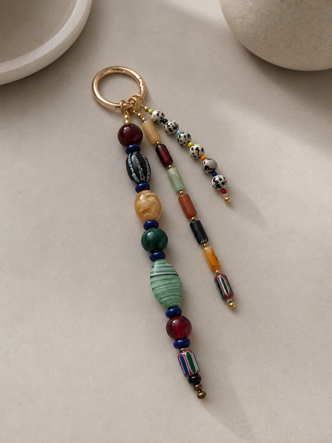 Multicolor Three Strand Beaded Bag Keychain with Gold Ring