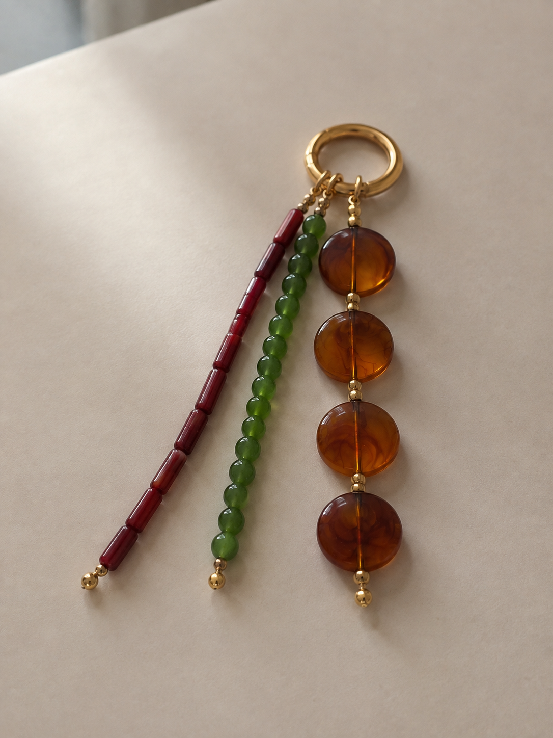 Three Strand Beaded Bag Keychain with Gold Ring Clip