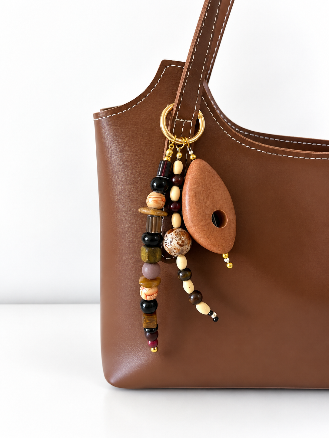 Wood & Earth-Tone Beaded Bag Charm Keychain