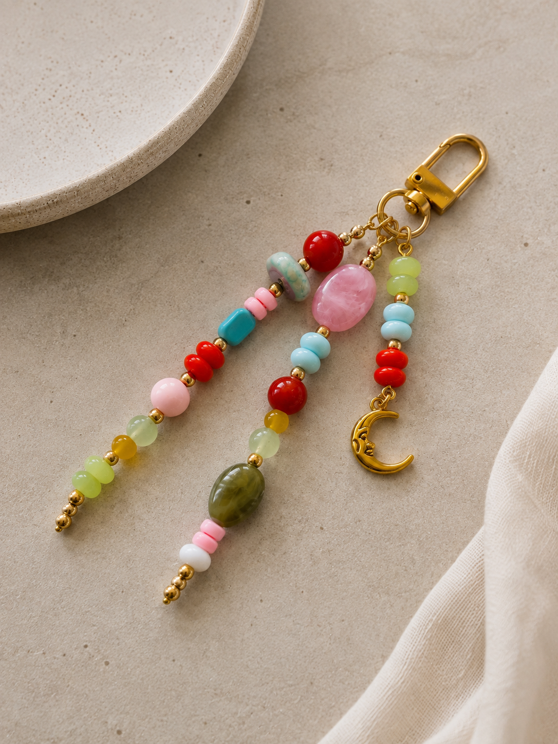 Multicolor Moon Charm Beaded Bag Keychain with Gold Clip