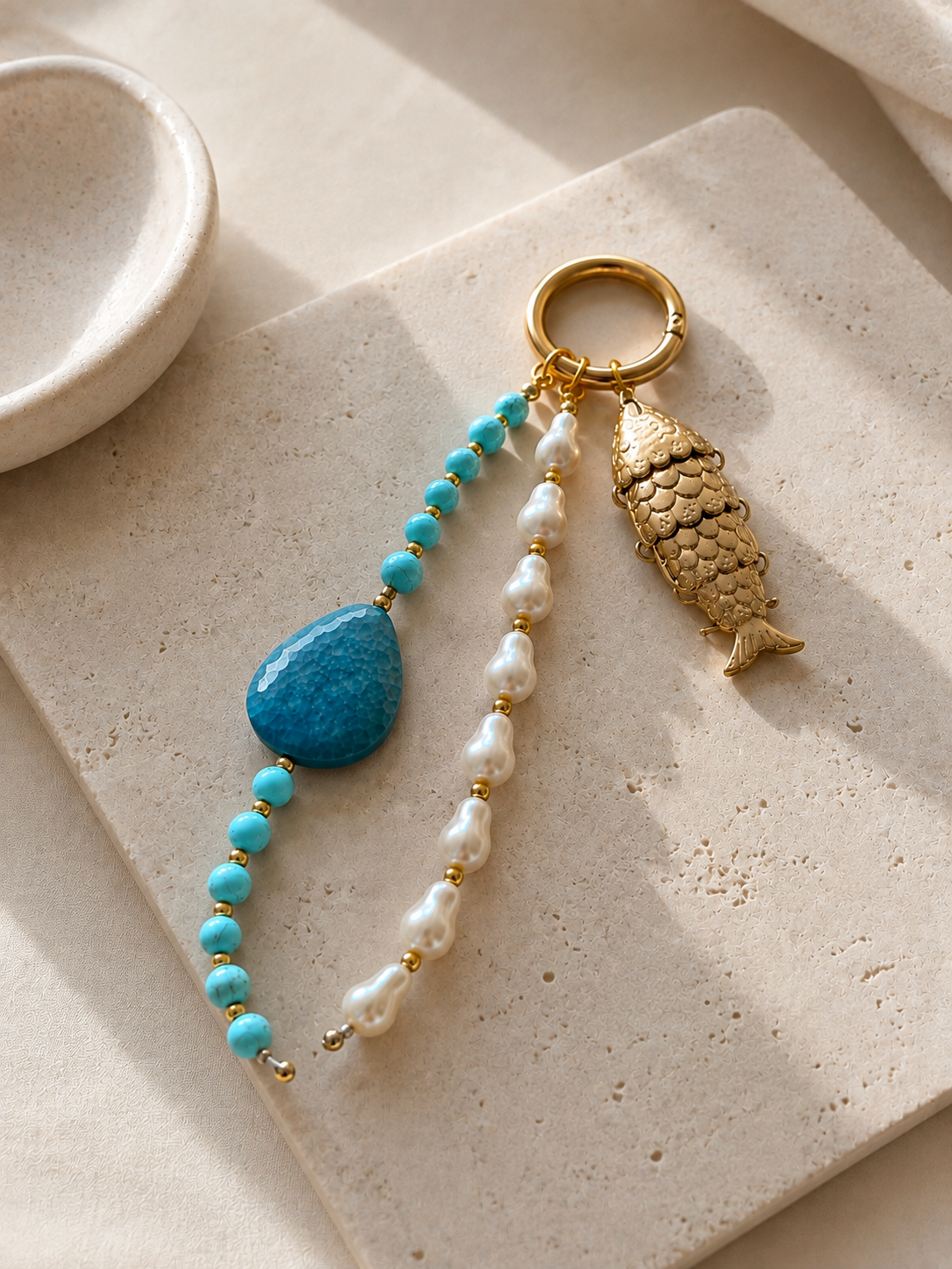 Turquoise Pearl Fish Charm Beaded Bag Keychain Gold Ring