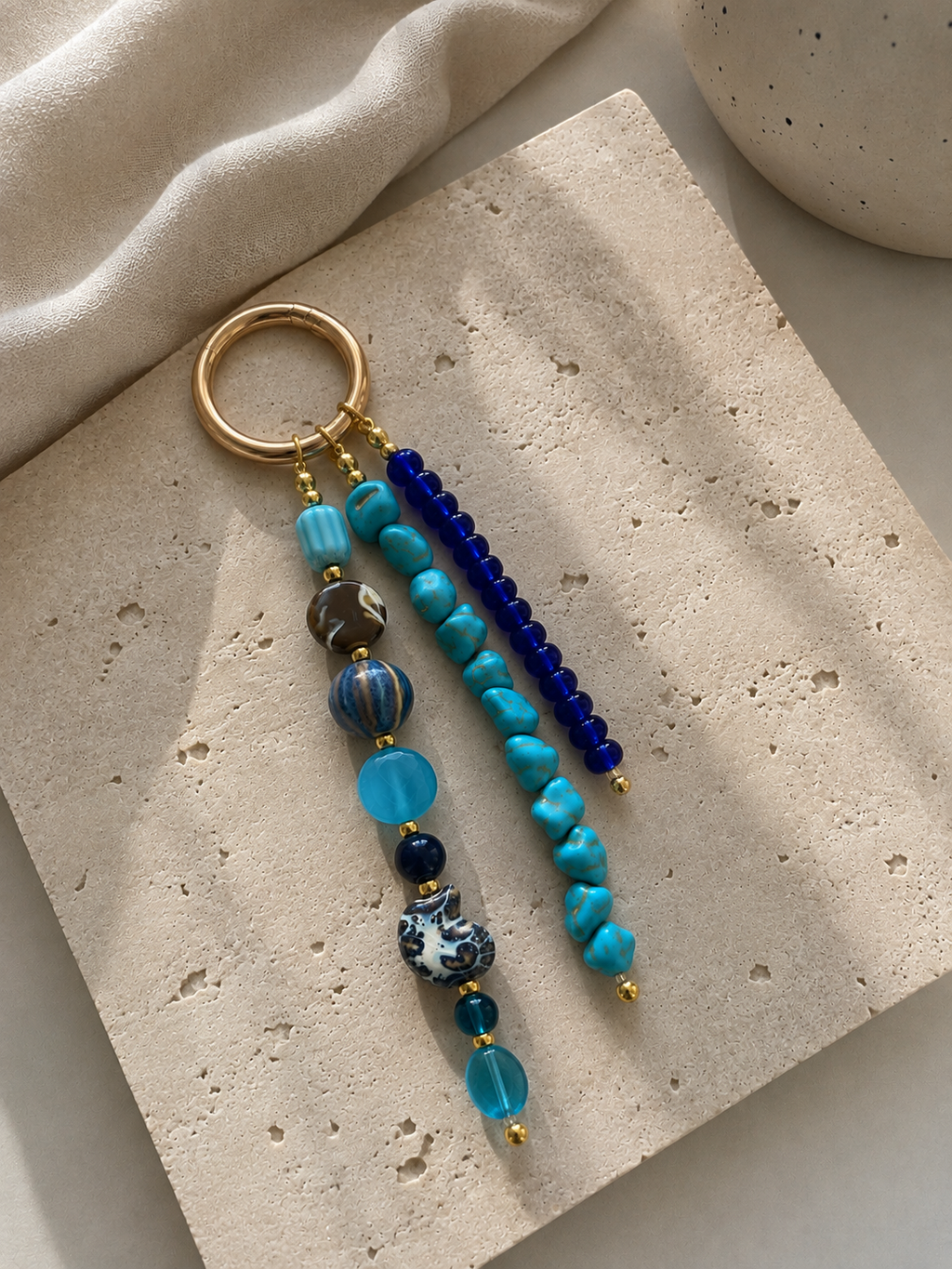 Blue Turquoise Three Strand Beaded Bag Keychain Gold Ring