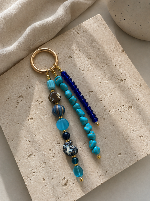 Blue Turquoise Three Strand Beaded Bag Keychain Gold Ring