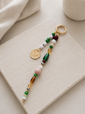 Green White Beaded Coin Charm Bag Keychain with Gold Ring