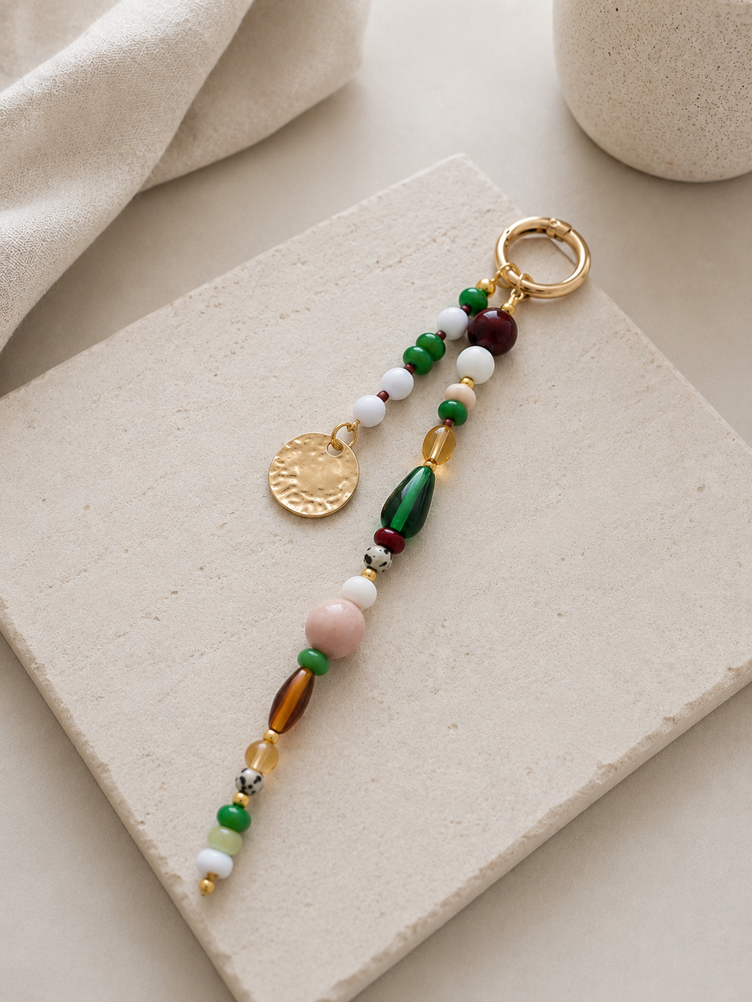Green White Beaded Coin Charm Bag Keychain with Gold Ring