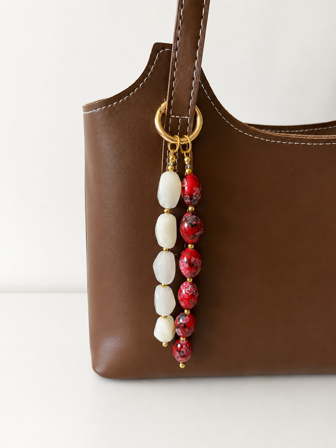 Red and White Double Strand Beaded Bag Keychain with Gold Ring