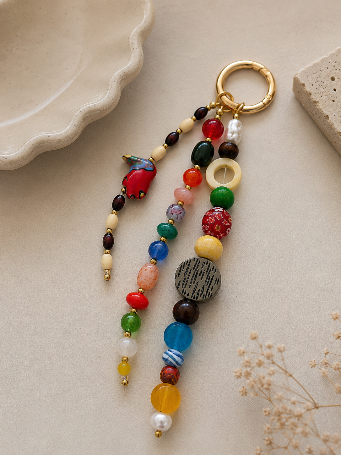 Multicolor Three Strand Beaded Bag Keychain with Gold Ring