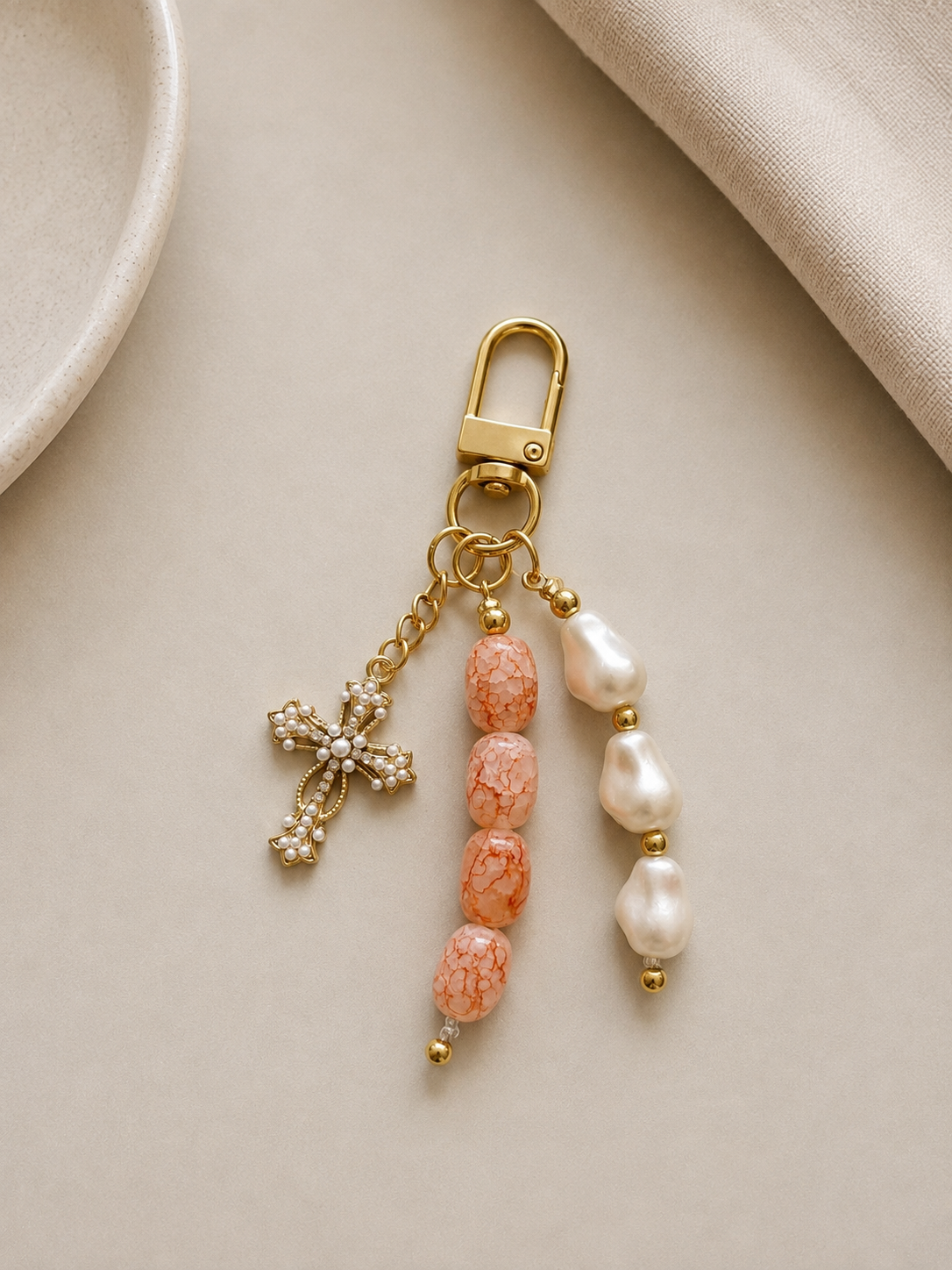 Pearl Cross Charm Beaded Keychain Bag Charm