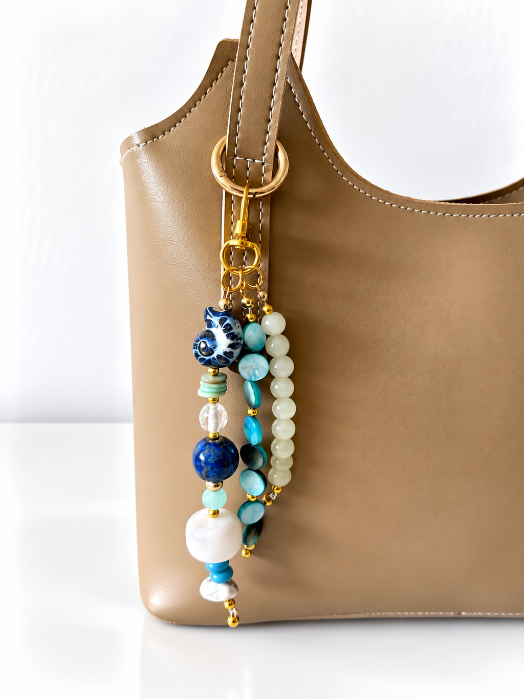 Blue & White Ocean Beaded Keychain Bag Charm
