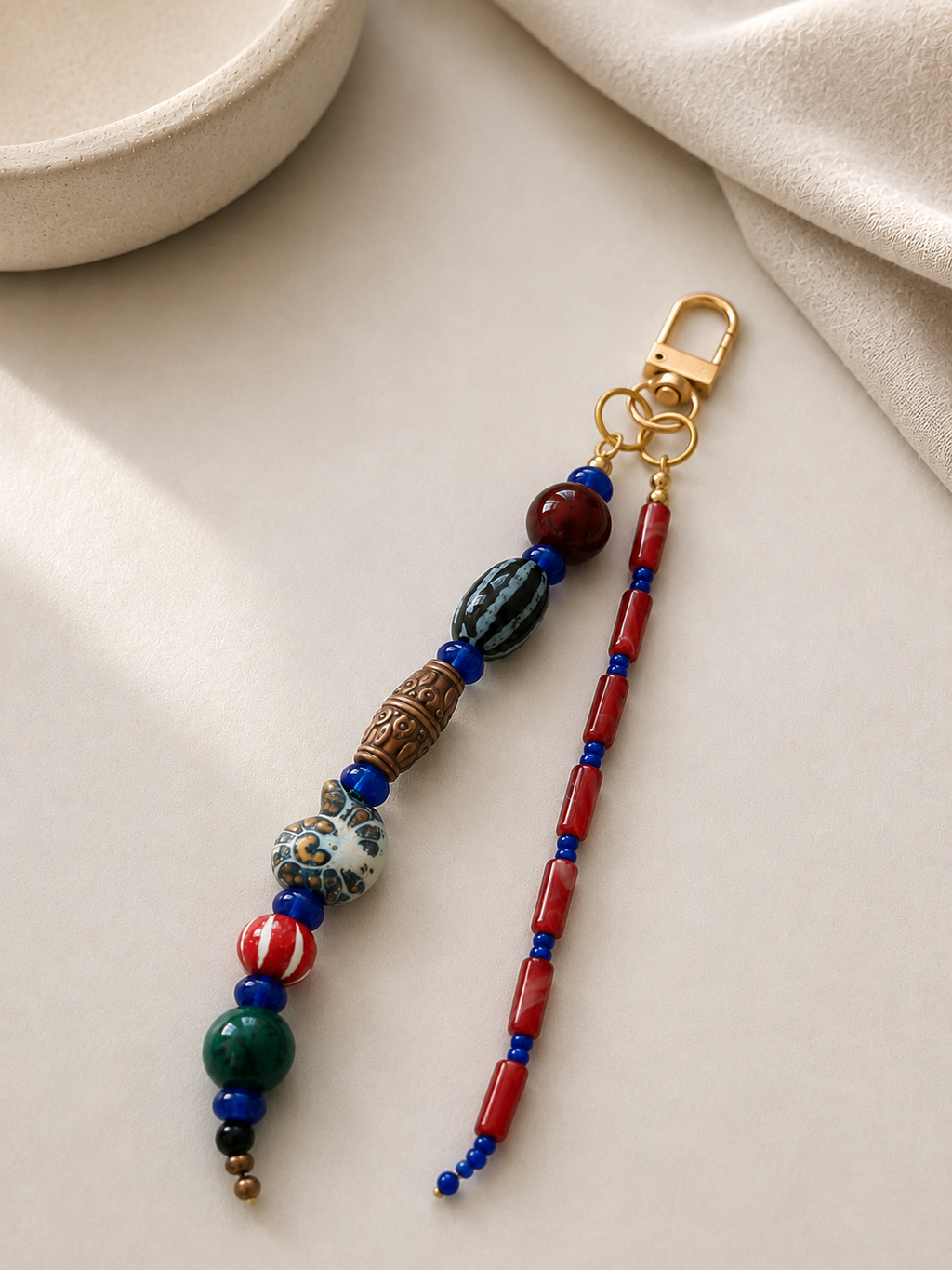 Red Blue Double Strand Beaded Bag Keychain with Gold Clip