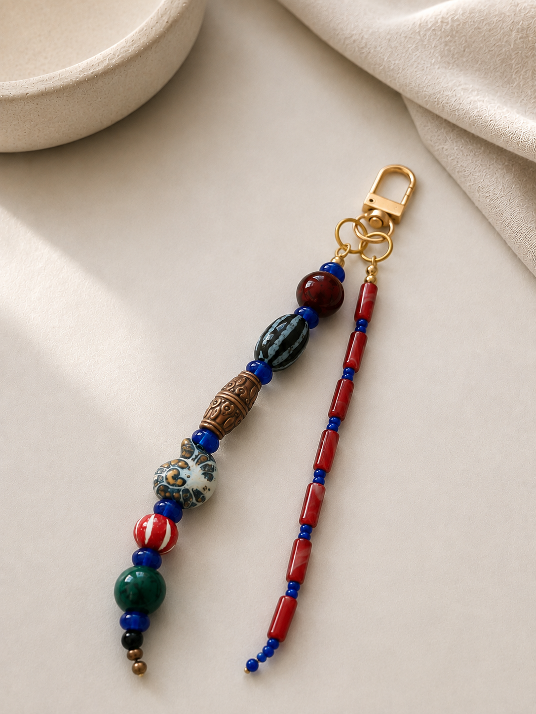 Red Blue Double Strand Beaded Bag Keychain with Gold Clip