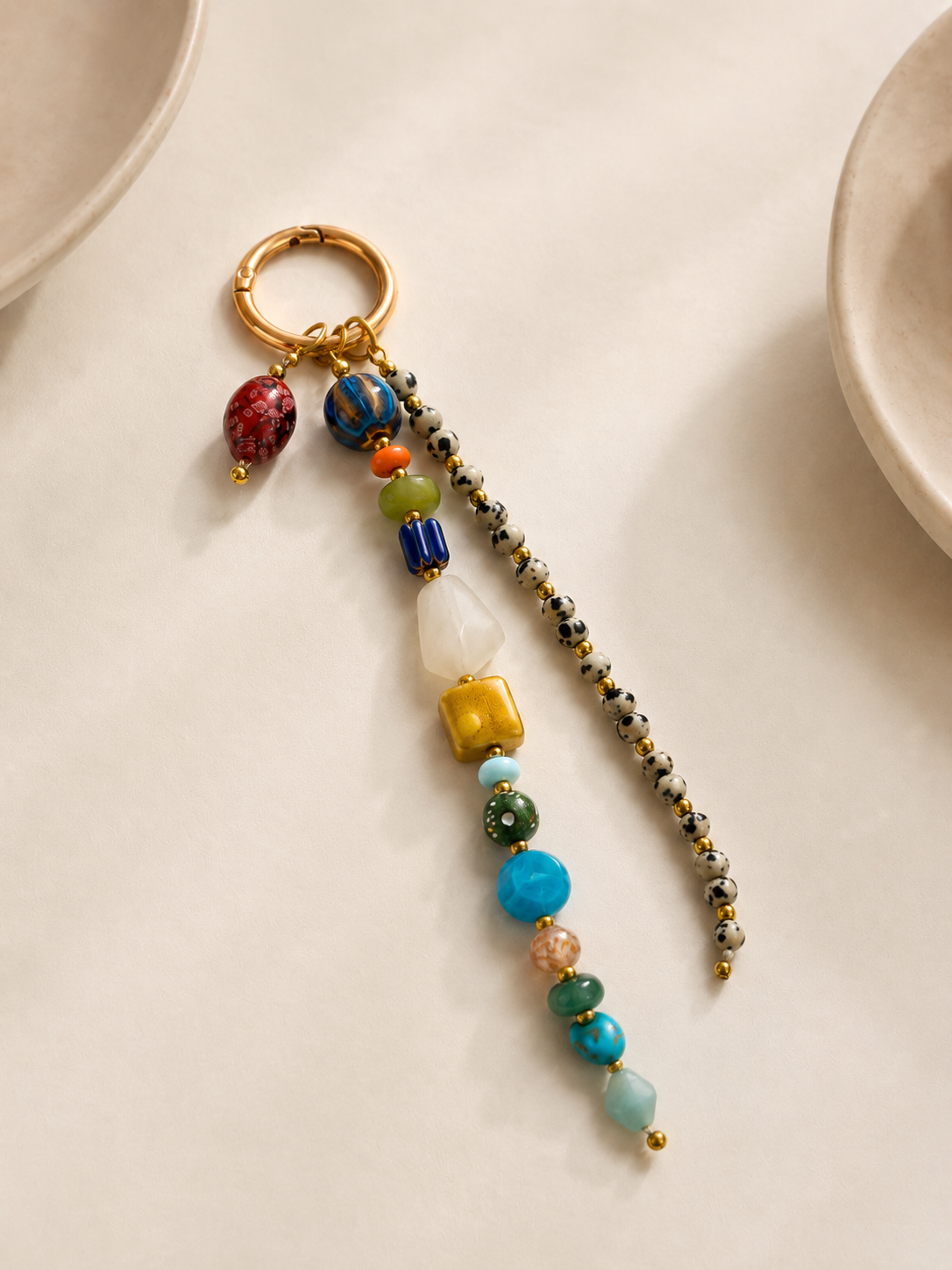 Multicolor Beaded Bag Charm Keychain with Gold Ring