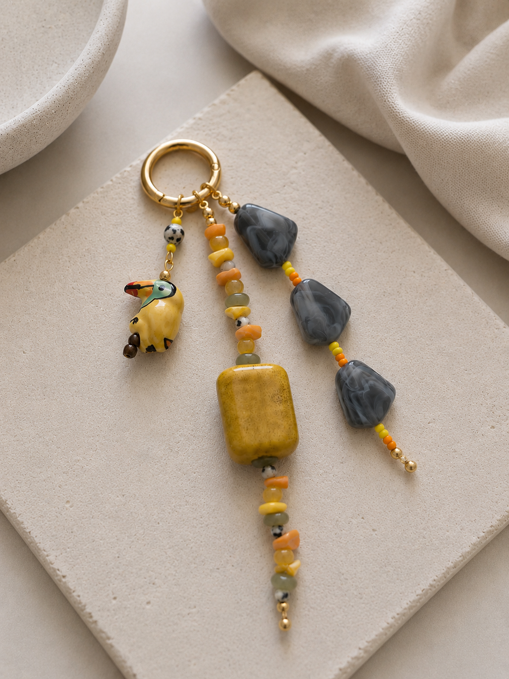 Yellow Gray Beaded Bag Keychain with Animal Charm Gold Ring