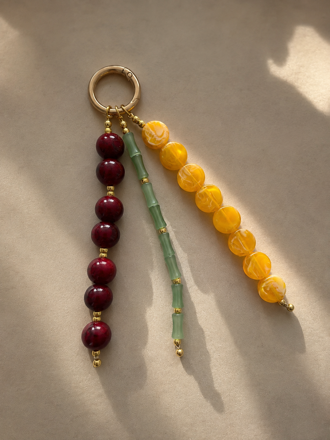 Red Yellow Green Three Strand Beaded Bag Keychain Gold Ring