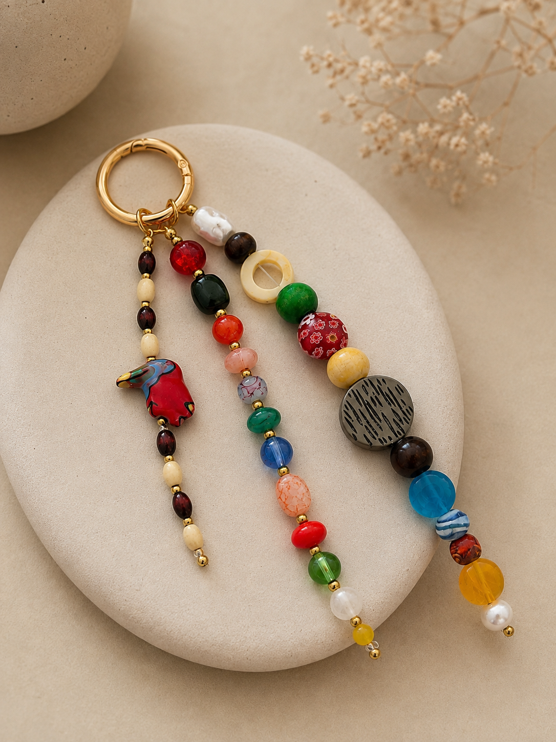 Multicolor Three Strand Beaded Bag Keychain with Gold Ring