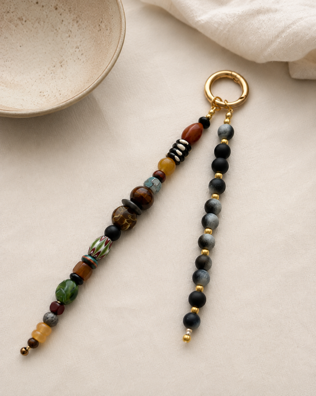 Boho Beaded Bag Charm Keychain – Black & Earth Tone Beads