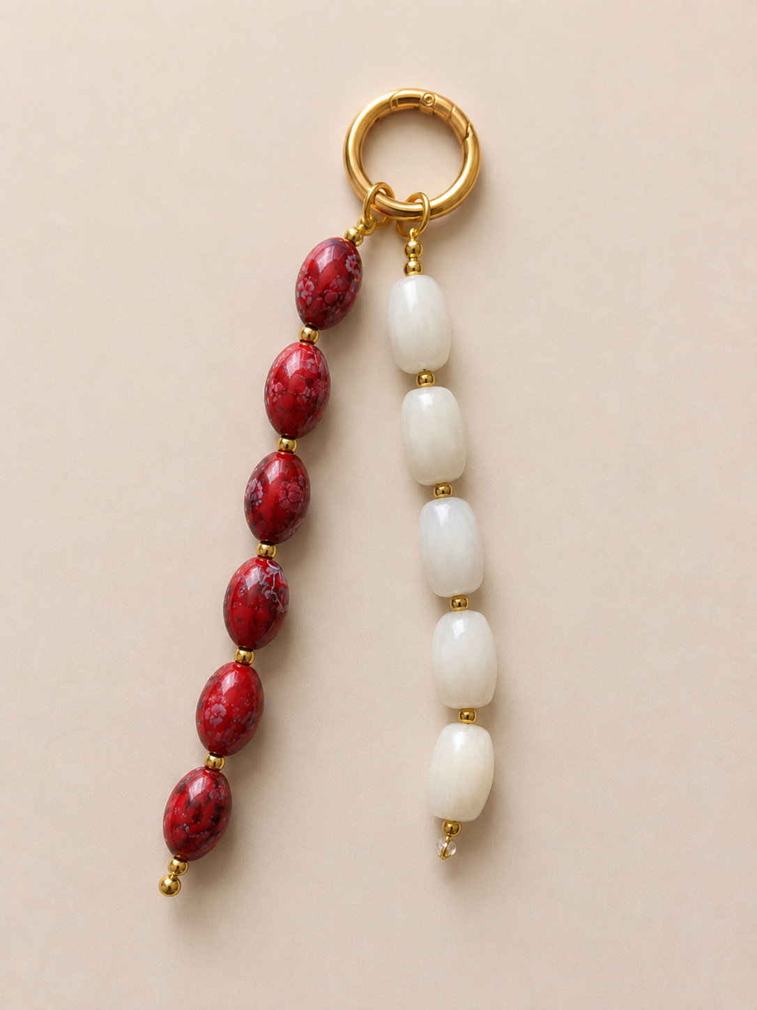 Red and White Double Strand Beaded Bag Keychain with Gold Ring
