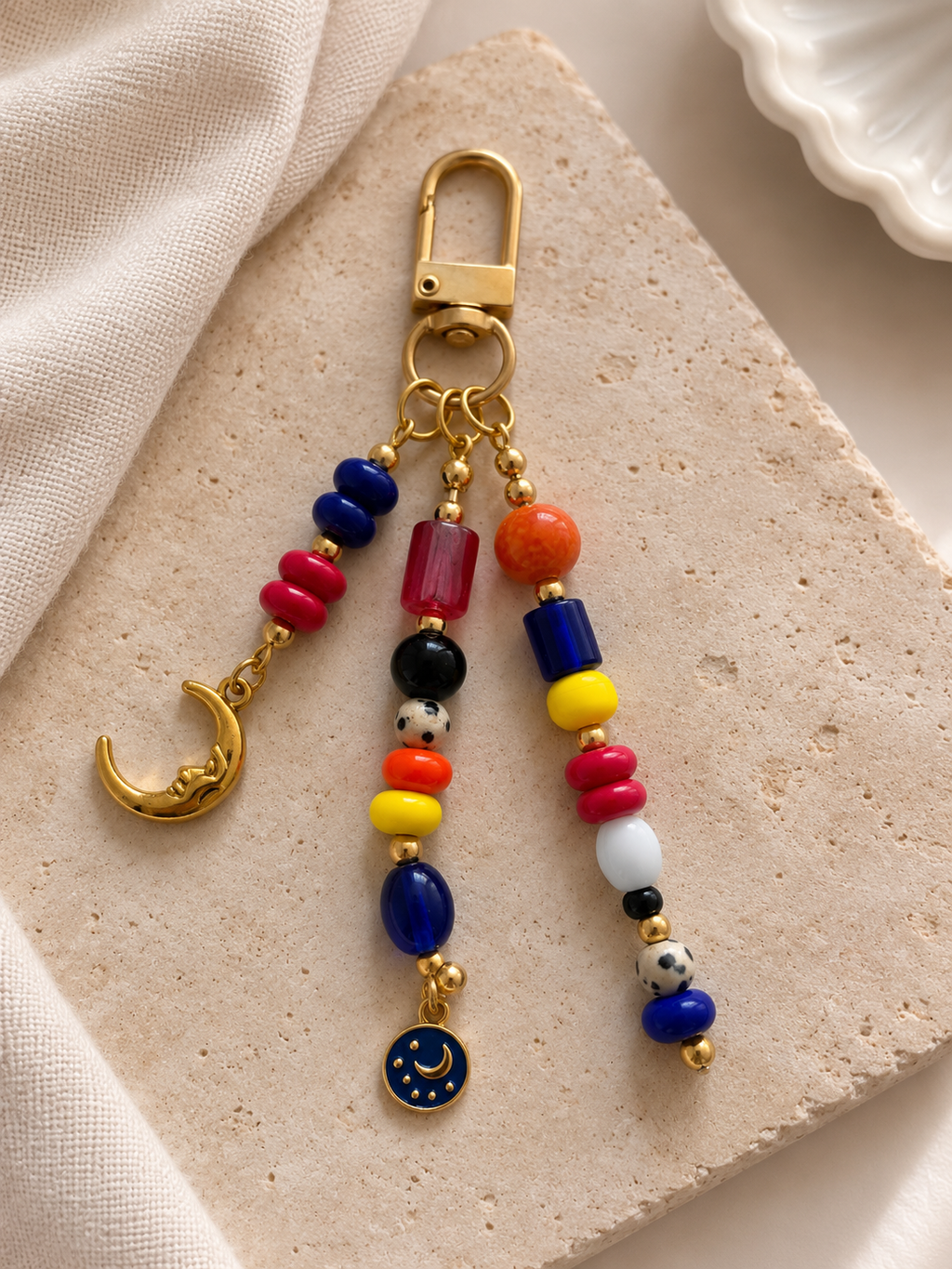 Multicolor Beaded Moon Charm Bag Keychain with Gold Clip