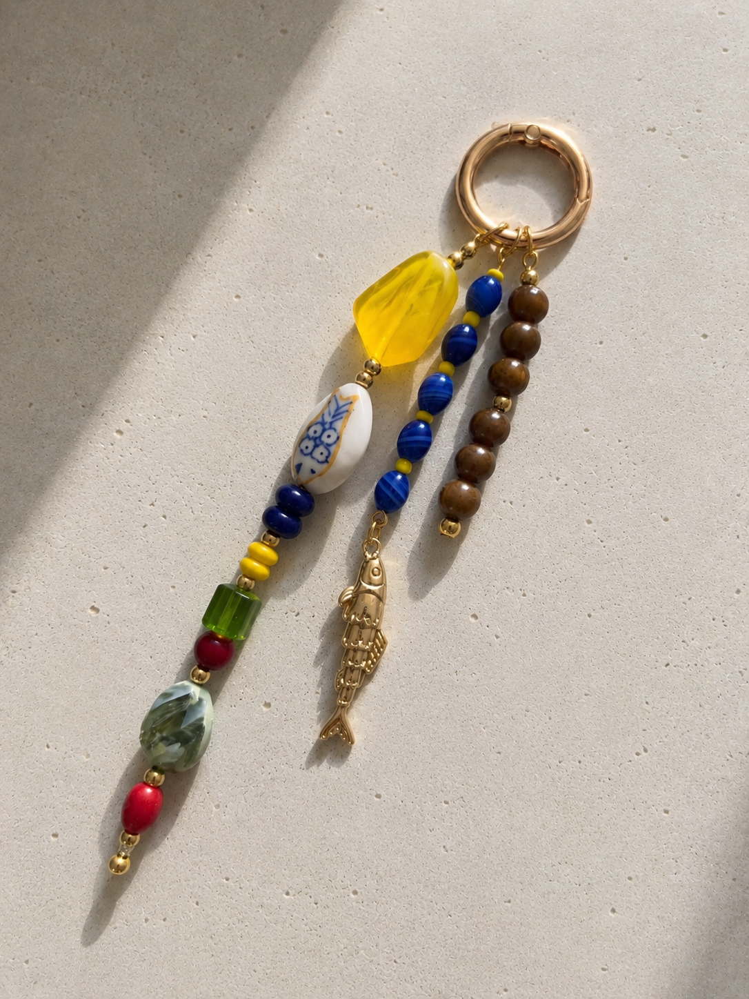 Multicolor Fish Charm Beaded Bag Keychain with Gold Ring