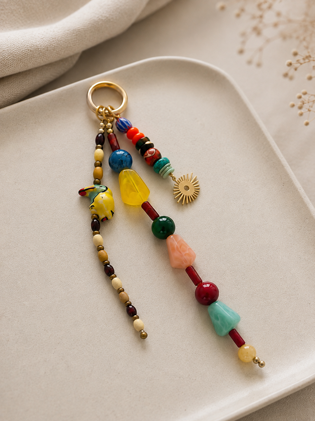 Multicolor Double Strand Sun Charm Beaded Bag Keychain