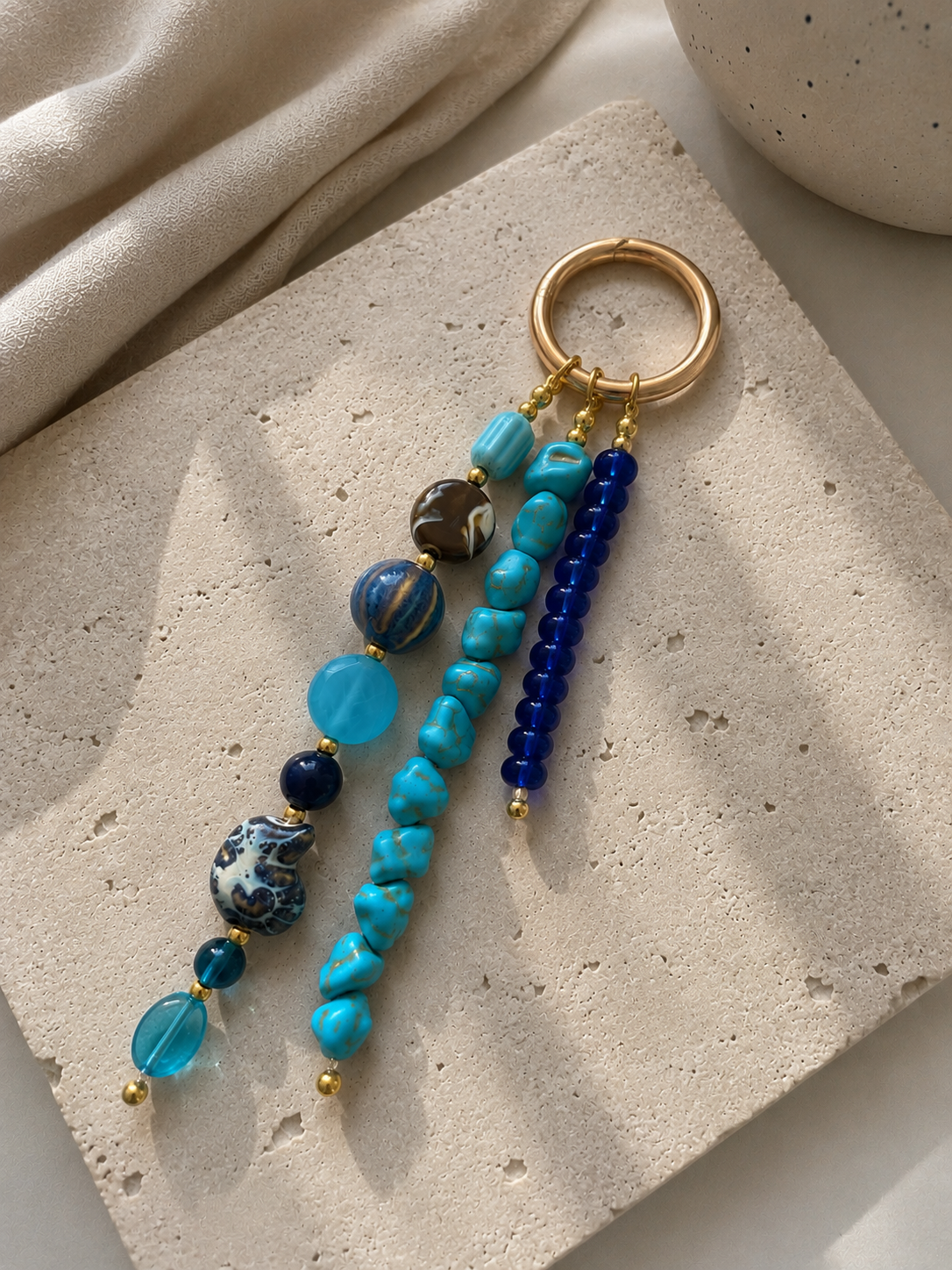 Blue Turquoise Three Strand Beaded Bag Keychain Gold Ring