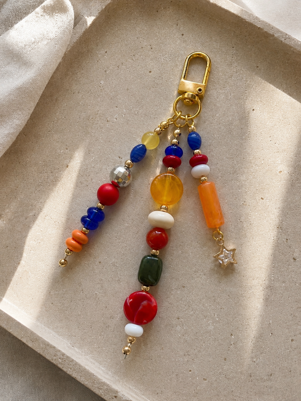 Multicolor Star Charm Three Strand Beaded Bag Keychain Gold Clip