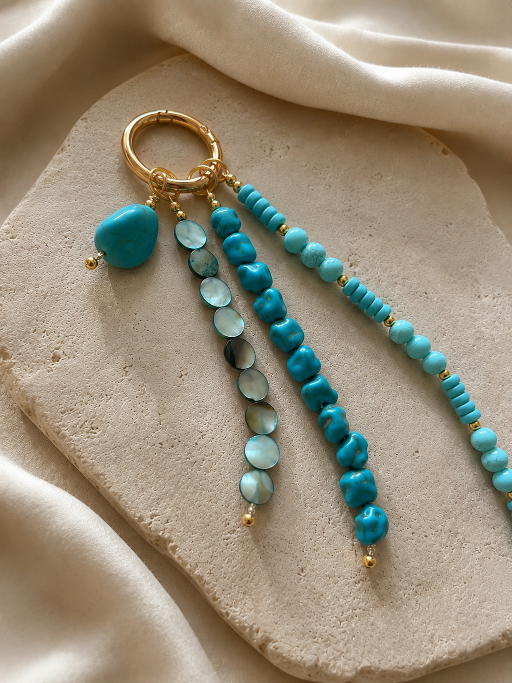 Turquoise Blue Four Strand Beaded Bag Keychain Gold Ring