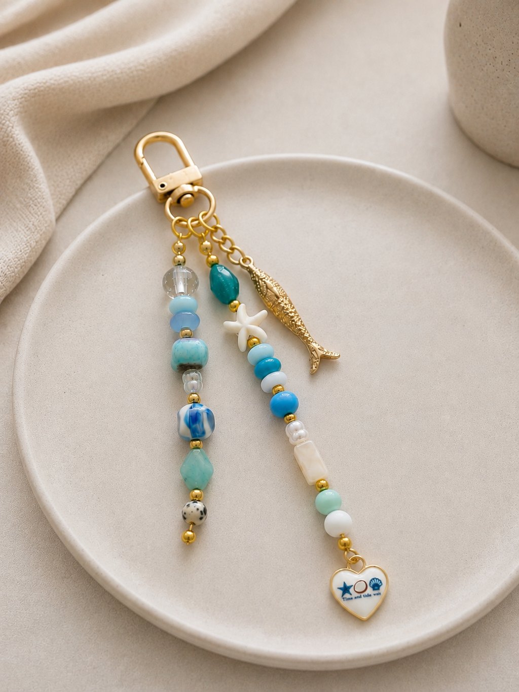 Blue Starfish Fish Charm Beaded Bag Keychain Gold Clip