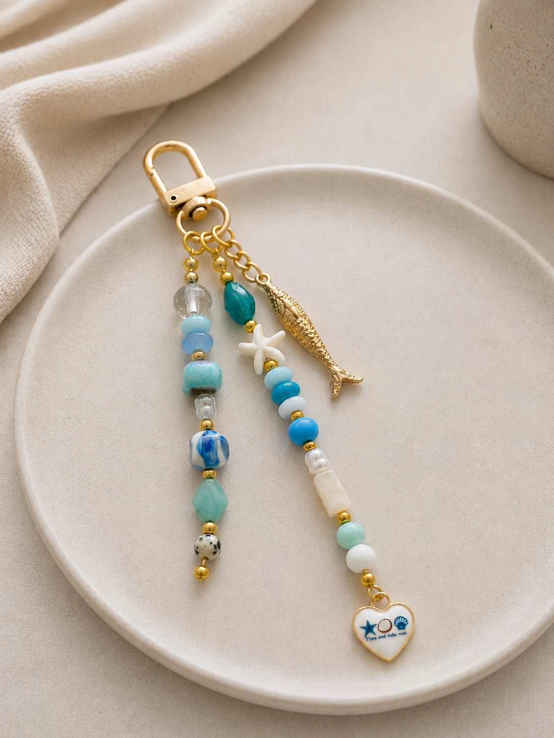 Blue Starfish Fish Charm Beaded Bag Keychain Gold Clip