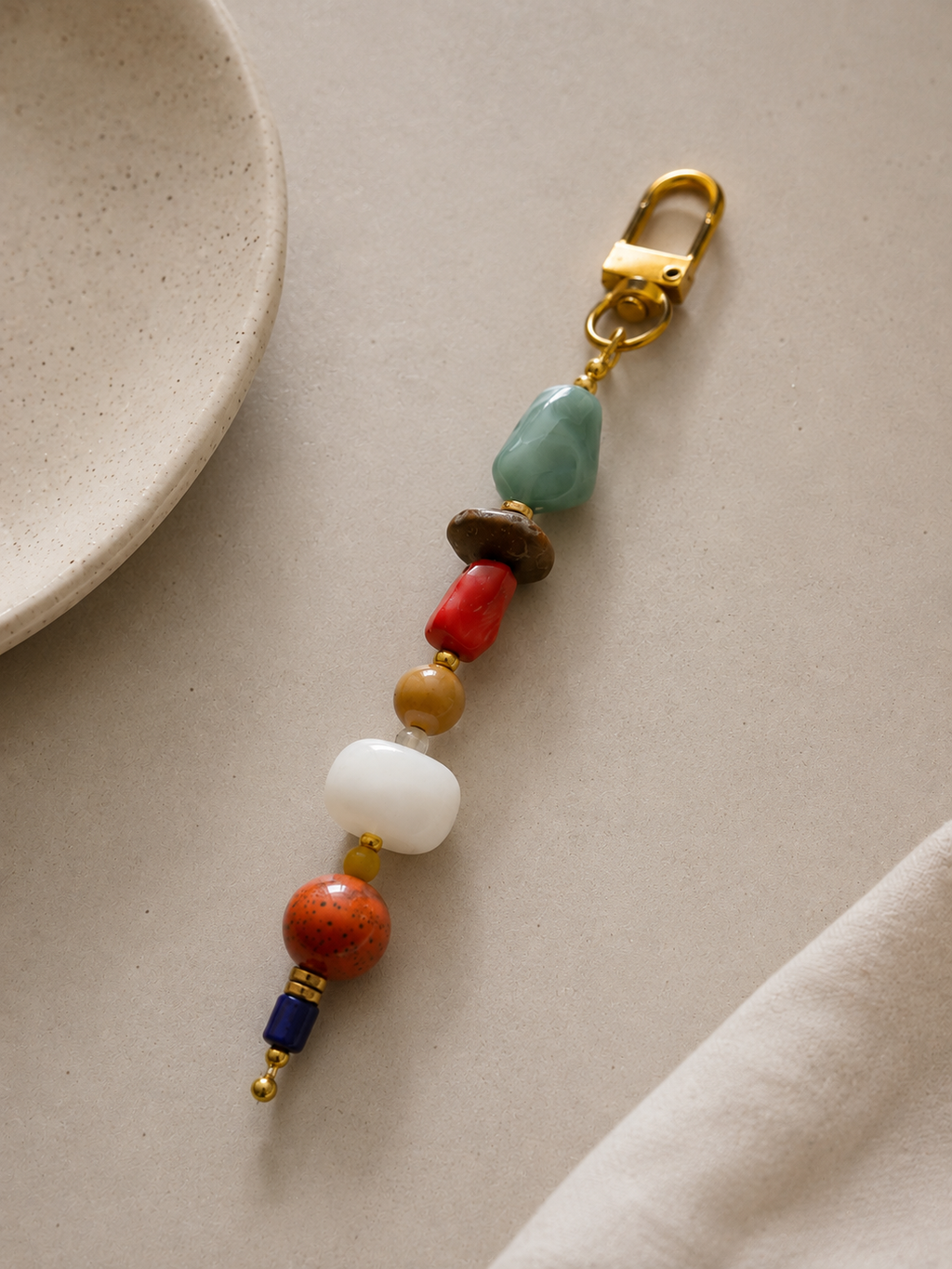 Colorful Boho Beaded Bag Charm Keychain with Gold Clip