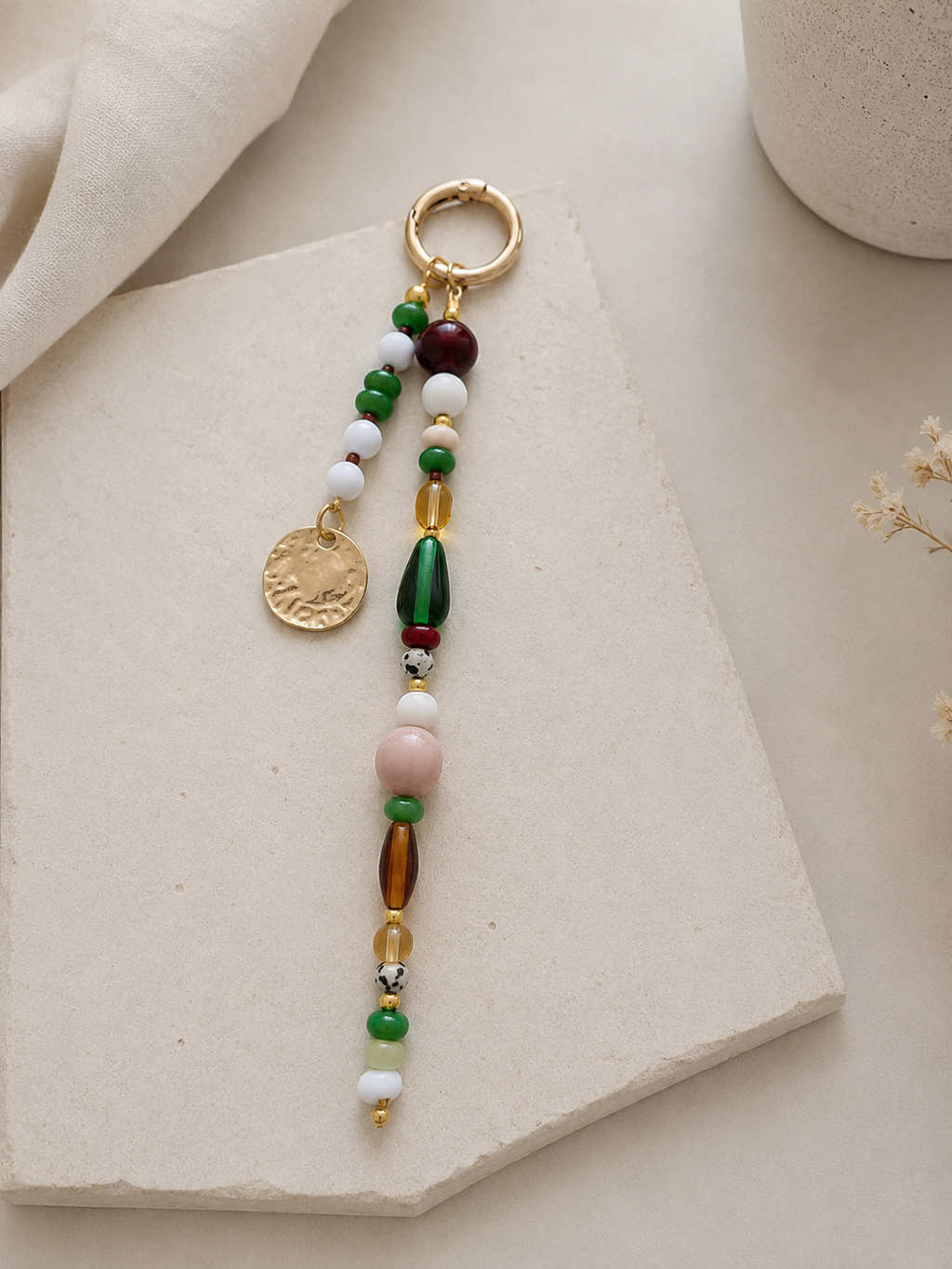 Green White Beaded Coin Charm Bag Keychain with Gold Ring