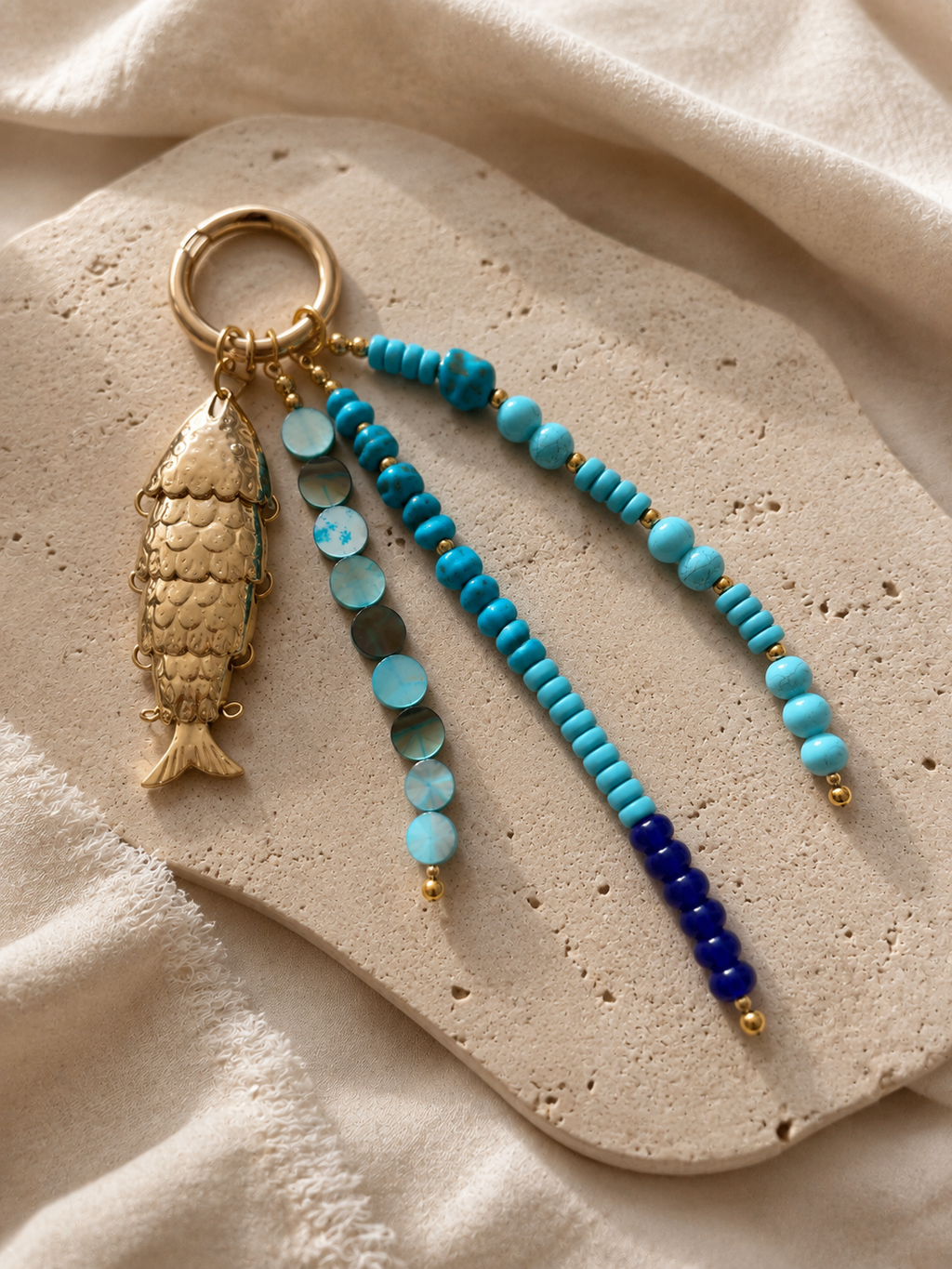 Blue Turquoise Fish Charm Beaded Bag Keychain Gold Ring