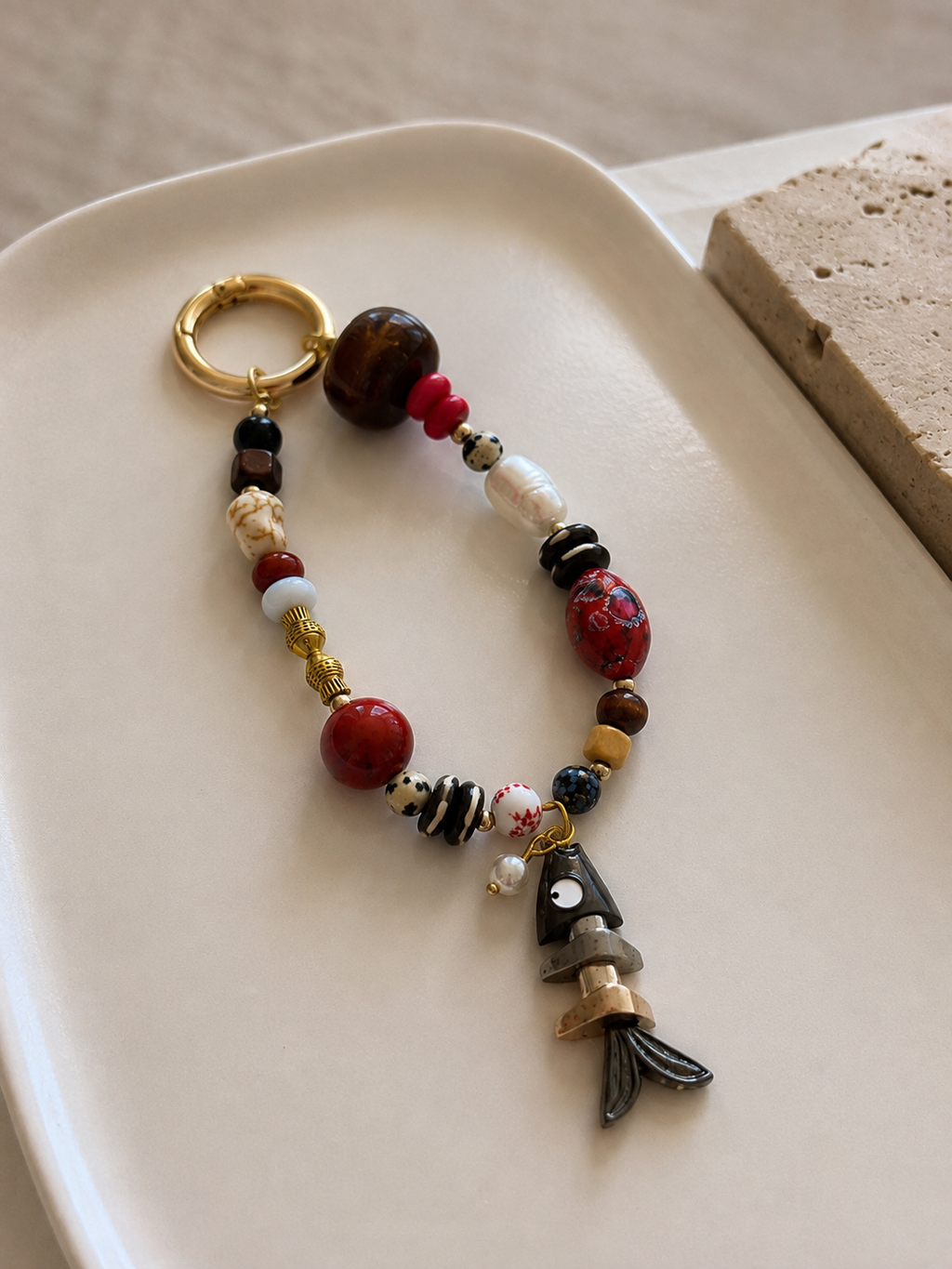 Boho Fish Charm Beaded Bag Keychain with Gold Clip